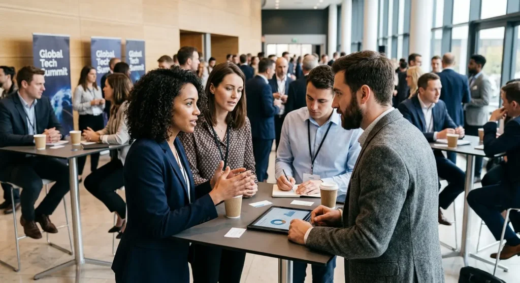Profissionais em conversa de networking numa conferência de tecnologia, ilustrando a construção de relações no ecossistema profissional