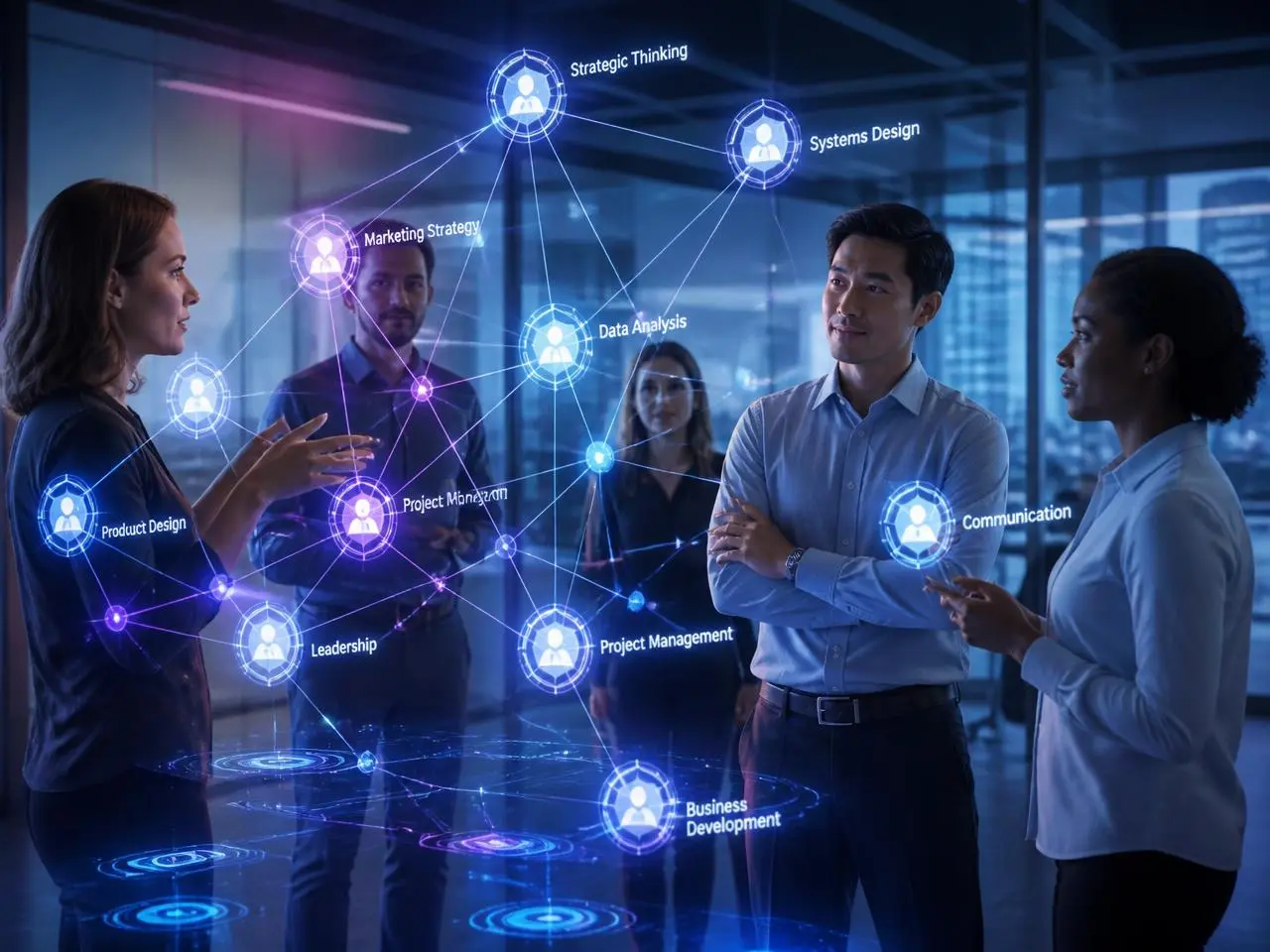 Equipa de profissionais rodeada por uma rede digital de competências interligadas — pensamento estratégico, gestão de projetos, liderança e comunicação — ilustrando a organização orientada a competências